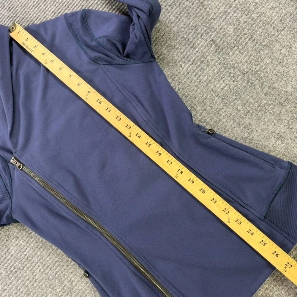 Lululemon Asymmetric Full Zip Jacket Navy Funnel Neck Thumbholes Womens 4 READ - Picture 9 of 11